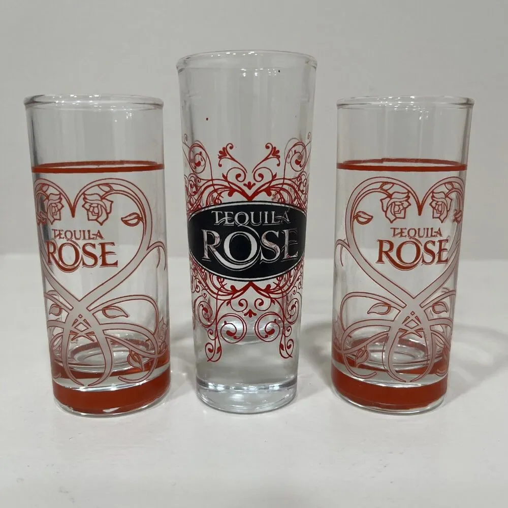 3 LOT TEQUILA ROSE Limited Edition Pink Strawberry Cream Shot Glass Ornate NICE